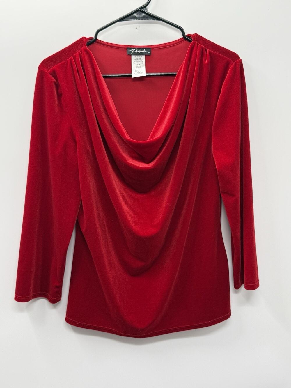 Prelude Red Velour Cowl Neck Top Womens M Long Sleeve Stretch Holiday Velvet